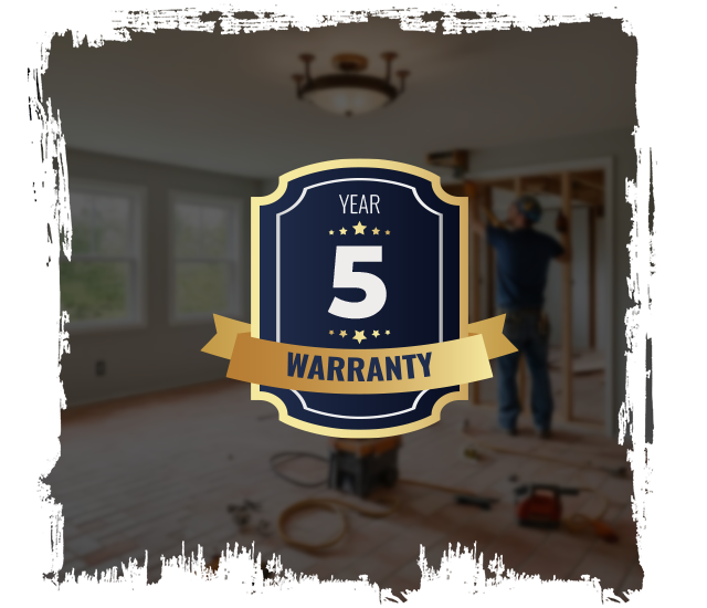 Blue badge with gold trim that reads 'Year 5 Warranty' over a blurred home renovation scene, suggesting a 5-year warranty offer.
